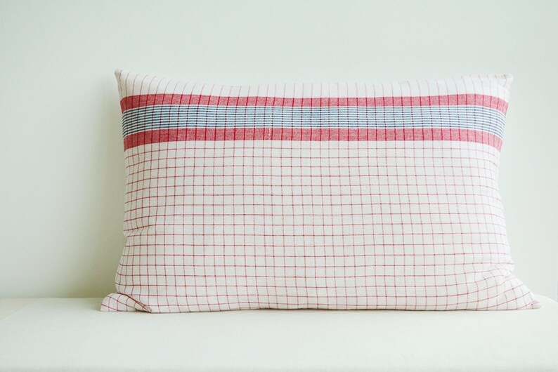 Traditinal Assamese Yarn Dyed Pillow Cover in Red n White Checks , Red & White Woven Stripes Lumbar Pillow , Christmas Decor , Holiday Decor image 1