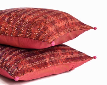 Set of 2 Rust Vintage Sari Hand stitched Kantha Pillow Covers , Rust Kantha Pillows , Kantha Lumbar Pillow, Vintage Kantha Cushion Covers