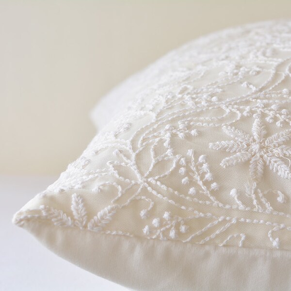 Beautiful White on White Embroidered Pillow Cover, Delicate White Embroidered Cushion Cover, White Embroidered Bedroom Pillow , White Decor