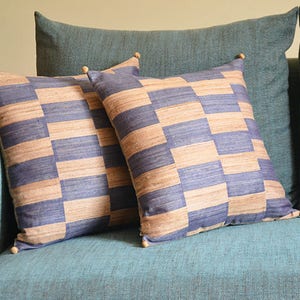 Natural and Blue Tussar Khadi Silk Pillow Cover with Pom Pom Detail, Khadi Silk Cushion Cover with Stripes , Striped Decorative Pillow Cover