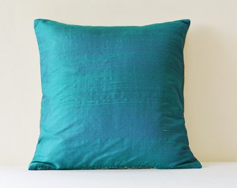 Teal Dupioni Silk and Natural Linen Reversible Pillow Cover , Dark Turq and Natural Linen Accent Pillow , Teal Silk & Linen Scatter Cushion