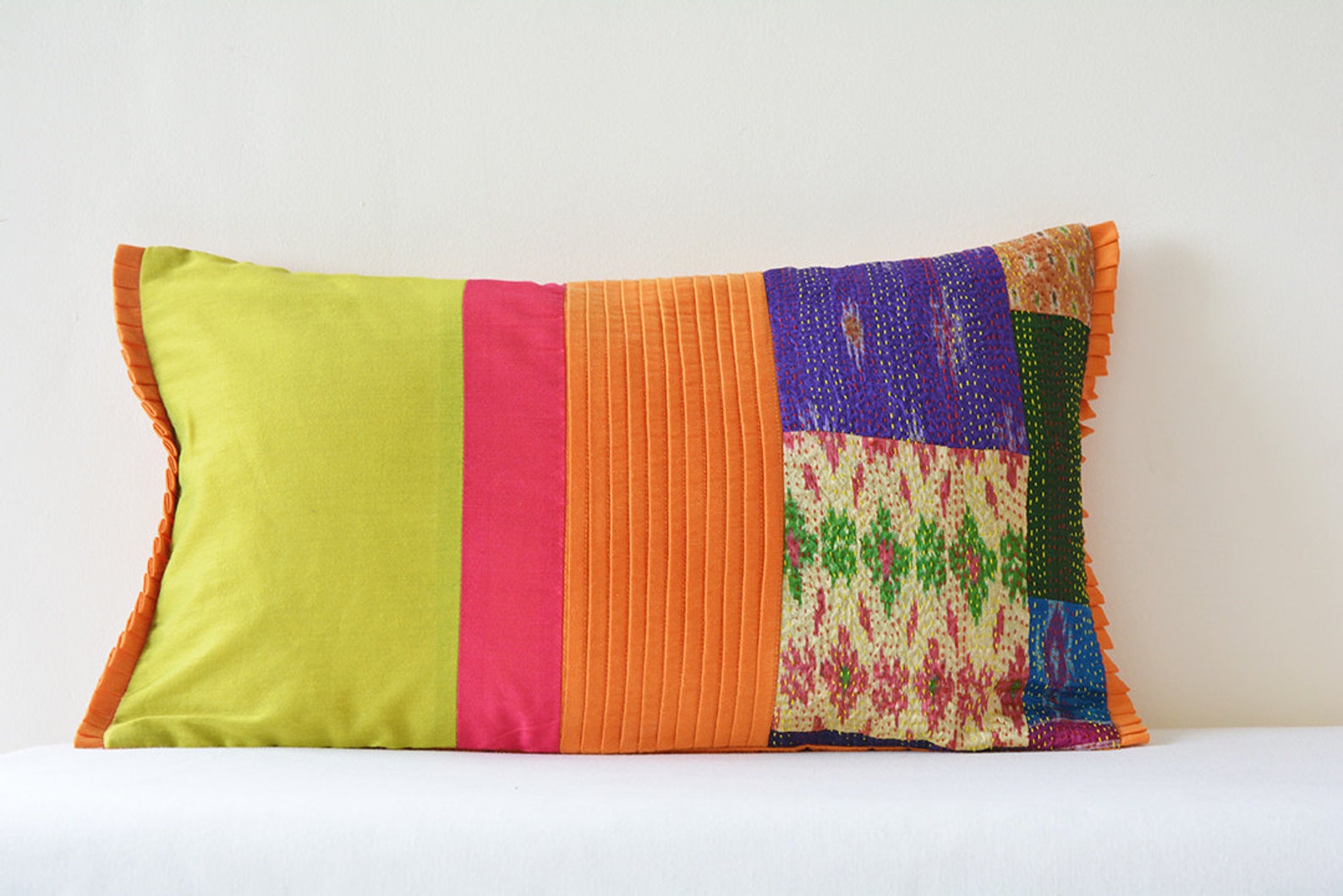 Multi Colour Patchwork Pillow Cover With Vintage Hand Stitched Etsy