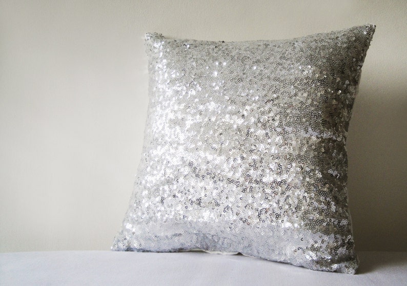 Shiny Silver Sequin Pillow Cover, Silver Decorative Pillow, Silver Metallic Cushion Cover image 3