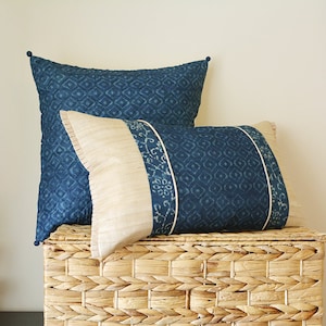 Patchwork Indigo Lumbar Pillow Cover , Blue Geometric Print Lumbar Pillow Cover , Block Print Cushion Covers in Silk , Decorative Pillow