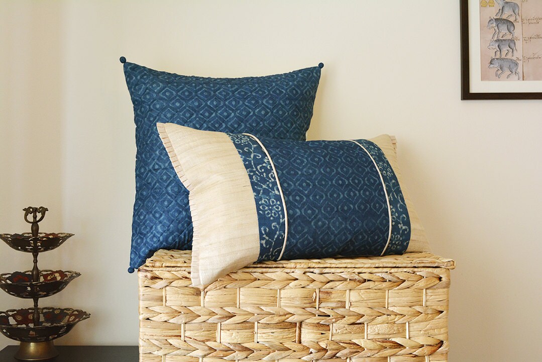 Patchwork Indigo Lumbar Pillow Cover Blue Geometric Print Etsy