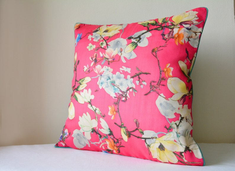 Spring Summer Florals, Pink Floral Print Pillow Cover , Hot Pink Floral Cushion Cover , Pink Decorative Pillow , Spring Cushion Cover image 2