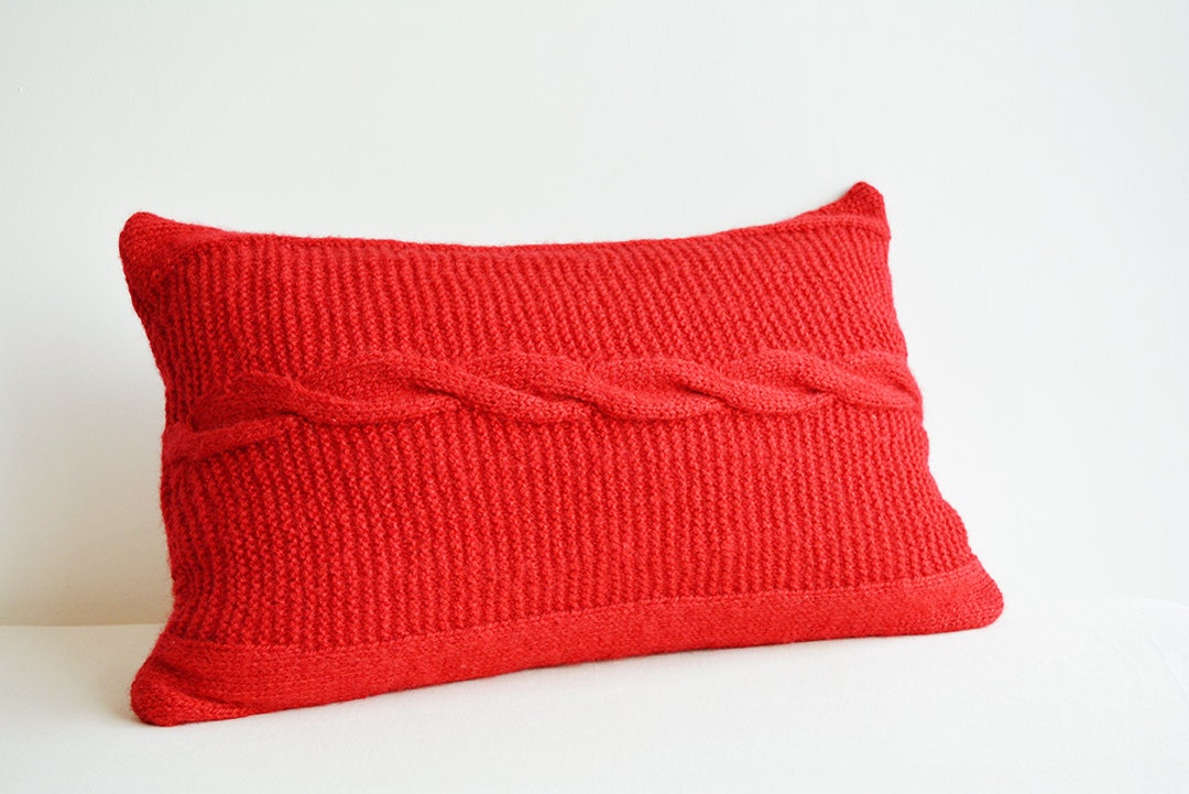 Red Hand Knitted Lumbar Pillow With Mother of Pearl Buttons , Christmas