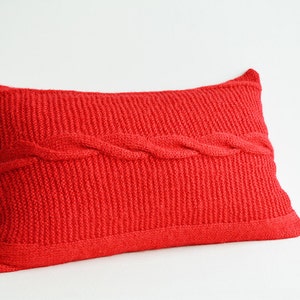 Red Hand Knitted Lumbar Pillow with Mother of Pearl Buttons , Christmas Decor , Holiday Pillow , Warm Cozy Red Cable Knit Cushion Cover