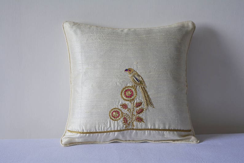 Hand Embroidered Gold Zardozi Bird Cushion Cover Ivory Image 0