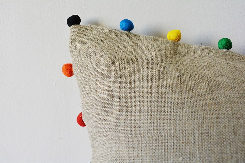 Natural Beige Linen Cushion Cover with Bright Fabric Pom Pom detail , Linen Pillow Cover with Colorful Pom Pom , Throw Pillow , Decor Pillow image 3