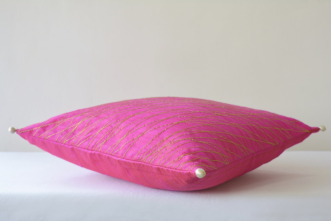 Festive Pink Silk Pillow Cover with Gold Stitch Detail Pink Etsy