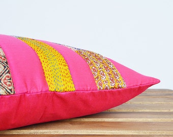 Bright Pink and Vintage Kantha Patchwork Pillow Cover, Kantha Patchwork Cushion Cover , Pink Patchwork decorative Pillow Cover , Home Decor