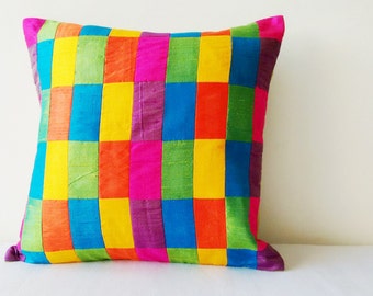 Bright Multi Colour Patchwork Pillow in Pure Dupioni Silk, Bright Decor Pillow , Throw Pillow, Bright Silk Cushion , Bright Scatter Cushion