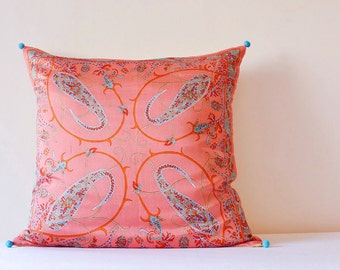 Beautiful Vintage Pink Printed Silk Cushion Cover , Old Pink Silk Printed Pillow Cover , Pink Decorative Pillow , Peach Scatter Cushion