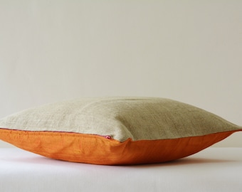 Orange Dupioni Silk & Natural Linen Reversible Pillow Cover in 16 x 16 inch Square , Orange and Natural Linen Accent Pillow