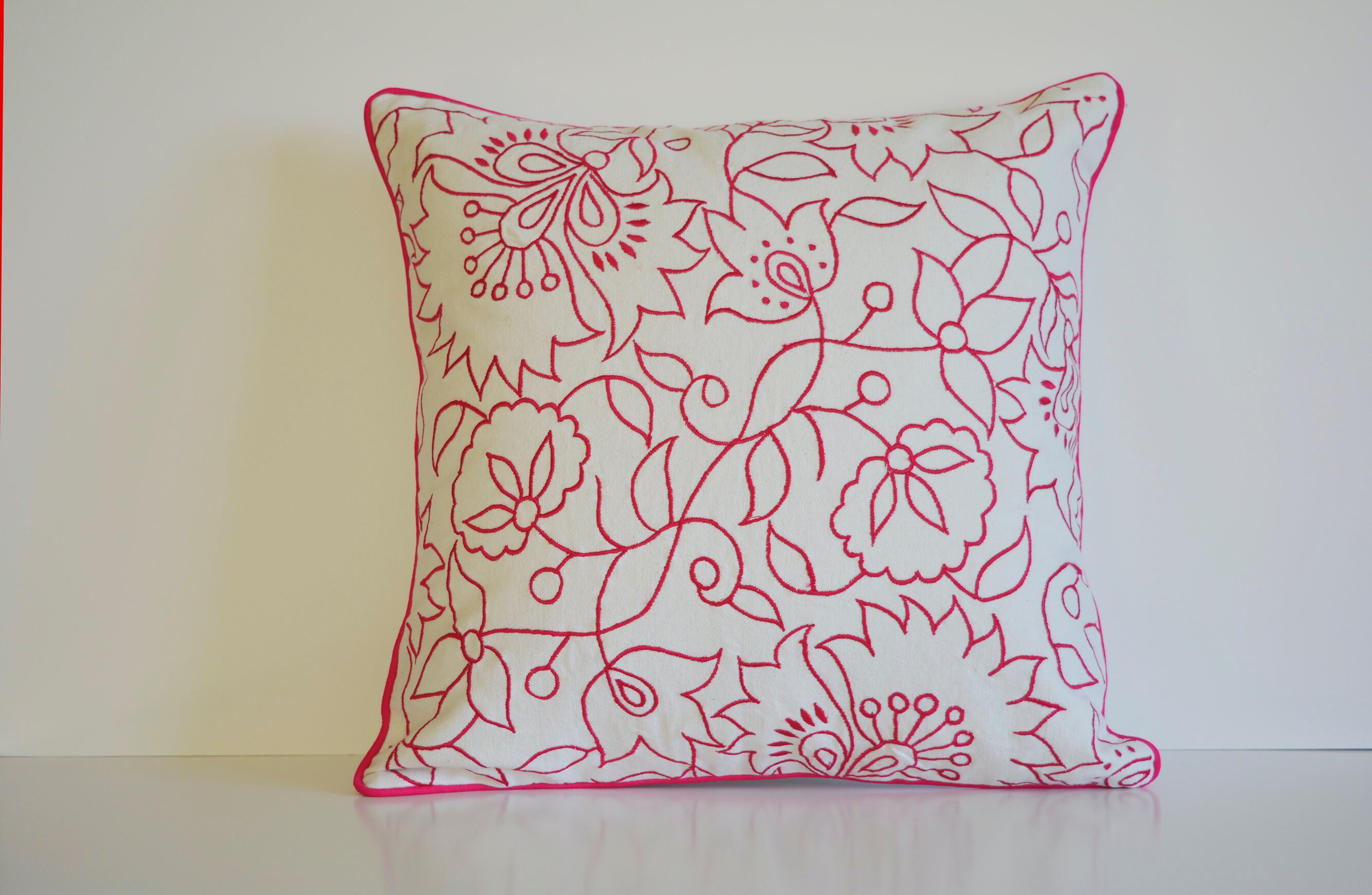 Fuchsia Pink Embroidery on 100 Cotton Canvas Pillow Cover Etsy