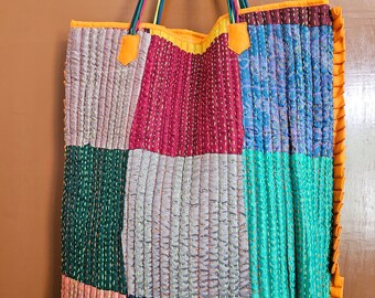 Vintage Kantha Shopping Bag with Multi Color Strings & Edge Detail, Hand Crafted Kantha Tote Bag with Quilting , Fabric Tote