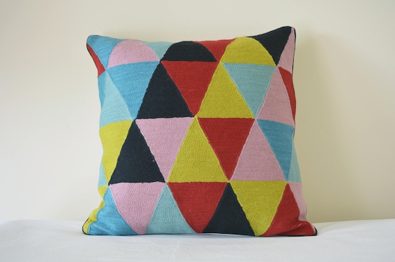 Triangles Multi Colour Embroidered Wool Bright Chain Stitch Embroidery Pillow