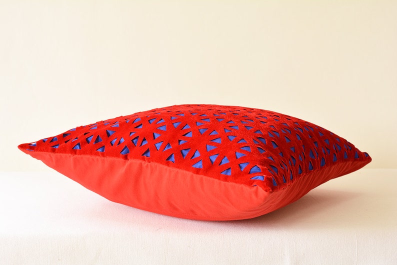 Red and Blue Geometric Velvet Pillow Cover , Geometric Velvet Cushion Cover , Red Velvet Throw Pillow , Lase Cut Geometric Velvet Cushion image 4