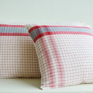Traditinal Assamese Yarn Dyed Pillow Cover in Red n White Checks , Red & White Woven Stripes Lumbar Pillow , Christmas Decor , Holiday Decor image 3