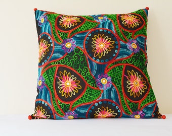 Boho Pillow, Chain Stitch Embroidery,  Bright Embroidered Cushion Cover , Embroidered Decorative Pillow , Decorative Cushion