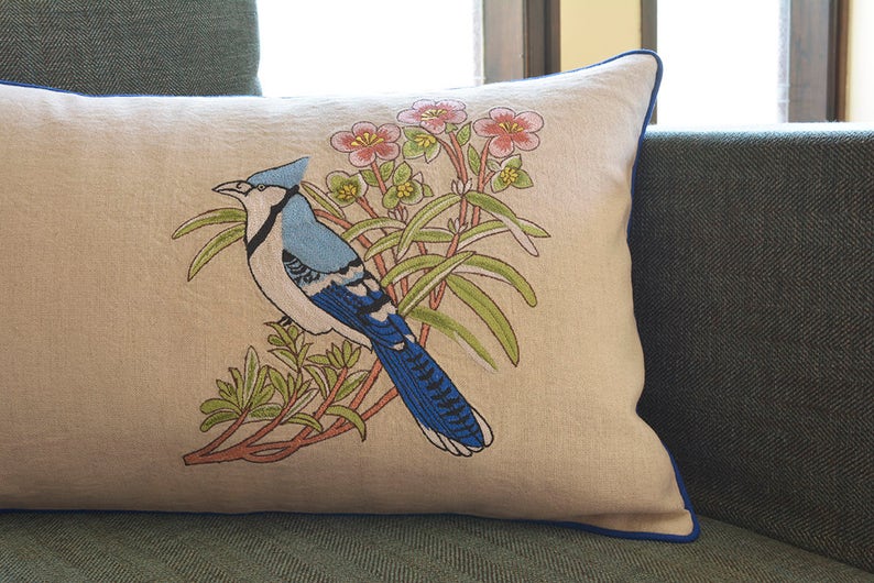 Bulbul Cushion Cover Embroidered Bird Pillow Blue Image 0