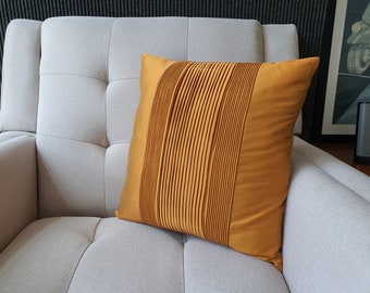 Mustard Pleated Taffeta Pillow Cover , Orange Textured Cushion Cover