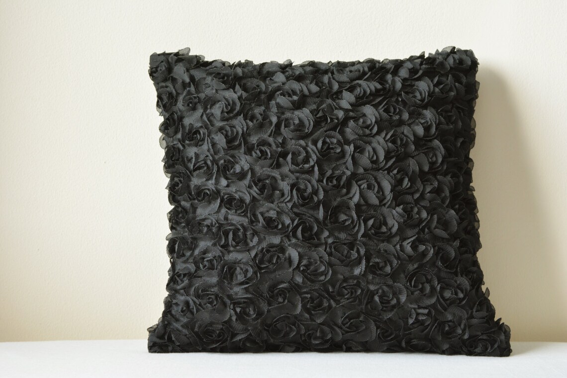 Black Rosette Textured Pillow Cover 3D Black Roses Cushion Etsy
