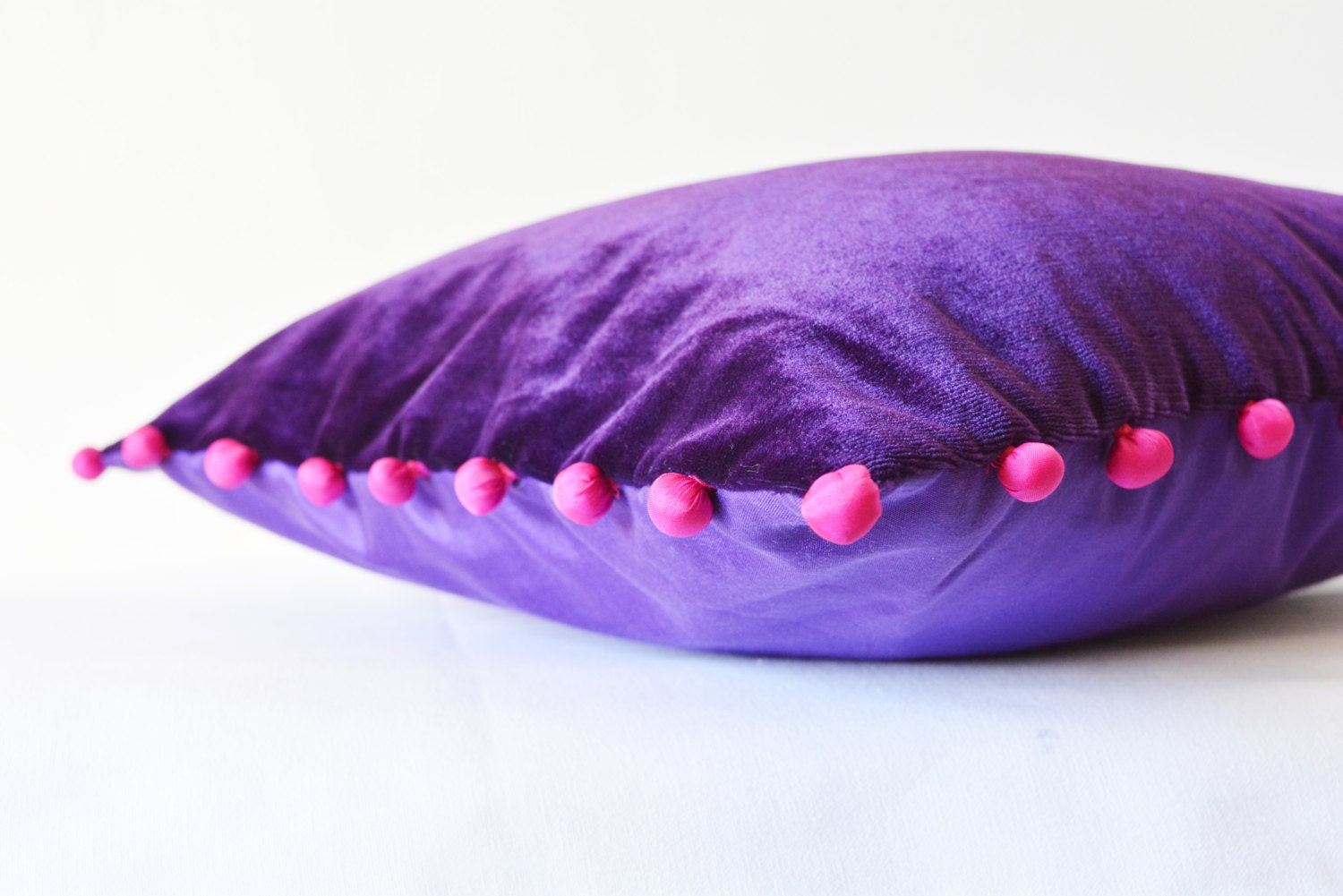Purple Velvet Pillow With Pink Pom Poms Purple Velvet Etsy UK