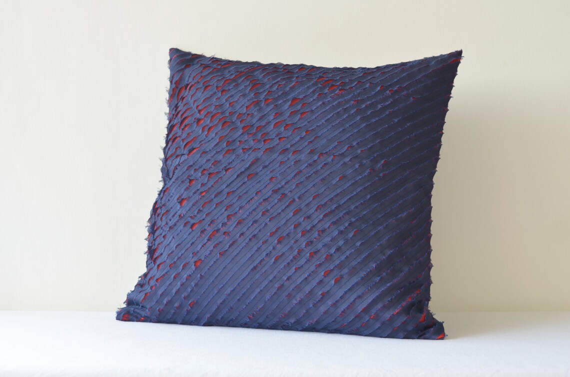 Navy Blue & Red Frayed 2 Layer Faux Silk Cushion Cover Etsy
