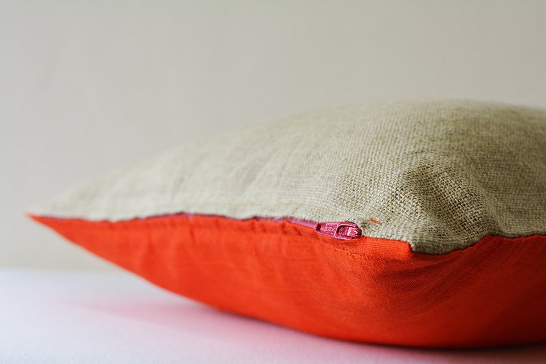 Dark Orange Dupioni Silk & Natural Linen Reversible Pillow Cover, Bright Orange and Natural Linen Accent Pillow Cover , Orange Silk Cushion image 5