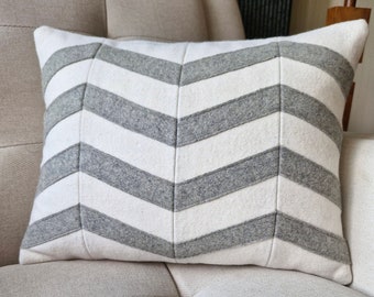 Chevron Applique Felt Cushion Cover in Grey and White, Decorative Pillow, Accent Throw Pillow