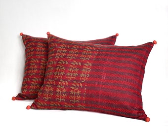 Set of 2 Dark Red Vintage Sari Hand stitched Kantha Pillow Covers , Red Kantha Pillows , Kantha Lumbar Pillow, Vintage Kantha Cushion Covers