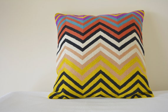Multi Colour Embroidered Chevron Woolen Bright Chain Stitch Embroidery Pillow