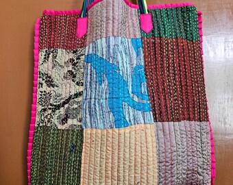 Vintage Kantha Shopping Bag with Multi Color Strings & Edge Detail, Hand Crafted Kantha Tote Bag with Quilting , Fabric Tote