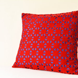 Red and Blue Geometric Velvet Pillow Cover , Geometric Velvet Cushion Cover , Red Velvet Throw Pillow , Lase Cut Geometric Velvet Cushion image 2