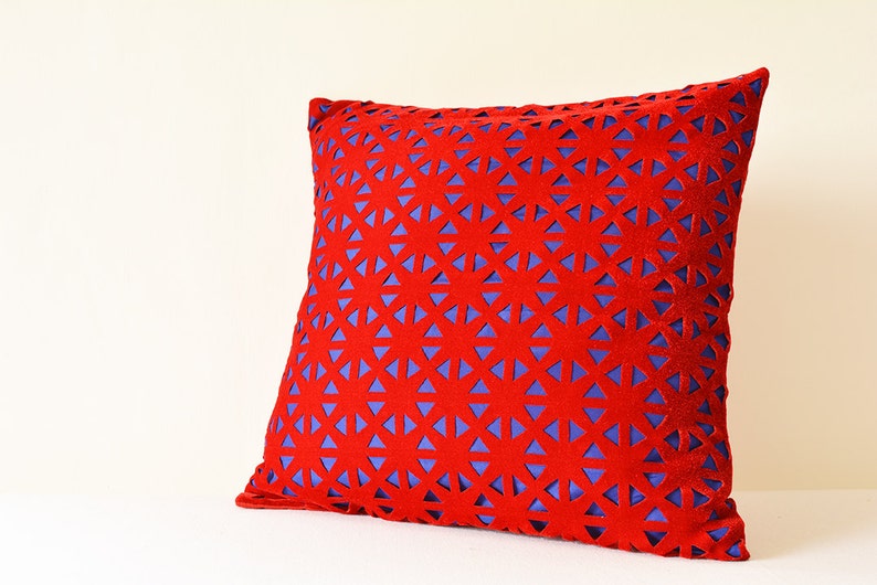 Red and Blue Geometric Velvet Pillow Cover , Geometric Velvet Cushion Cover , Red Velvet Throw Pillow , Lase Cut Geometric Velvet Cushion image 2