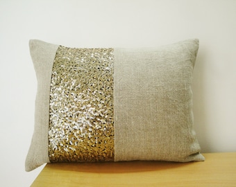 Linen Pillow with Gold Sequin Band , Linen Pillow , Holiday Decor , Throw Pillow , Decorative Pillow