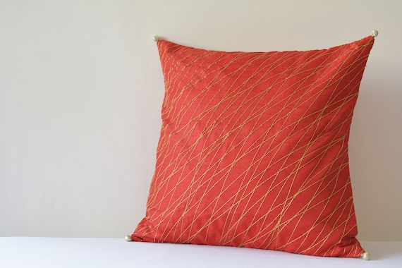 Festive Red Silk Pillow Cover With Gold Stitch Detail Red Etsy