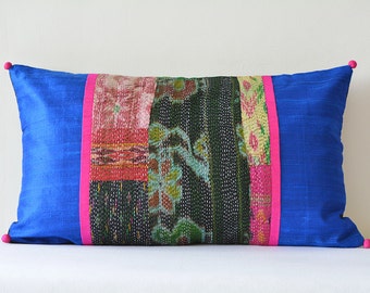 Blue Patchwork Pillow with Vintage Sari Hand stitched Kantha & Dupioni Silk , Decorative Pillow , Lumbar Pillow, Vintage Kantha Cushion