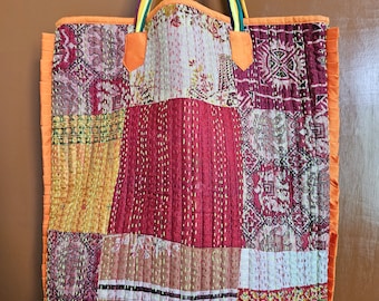 Vintage Kantha Shopping Bag with Multi Color Strings & Frill Edge Detail, Hand Crafted Kantha Tote Bag with Quilting , Fabric Tote