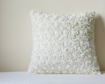 Off White Rosette Pillow Cover , 3-D Ivory Roses Cushion Cover , White Rose Decorative Pillow , Home & Living , White Rose Scatter Cushion