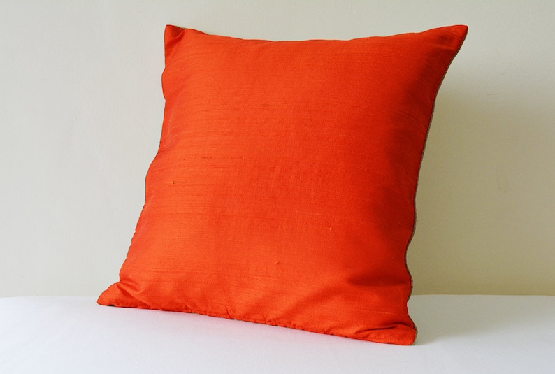Dark Orange Dupioni Silk & Natural Linen Reversible Pillow Cover, Bright Orange and Natural Linen Accent Pillow Cover , Orange Silk Cushion image 4