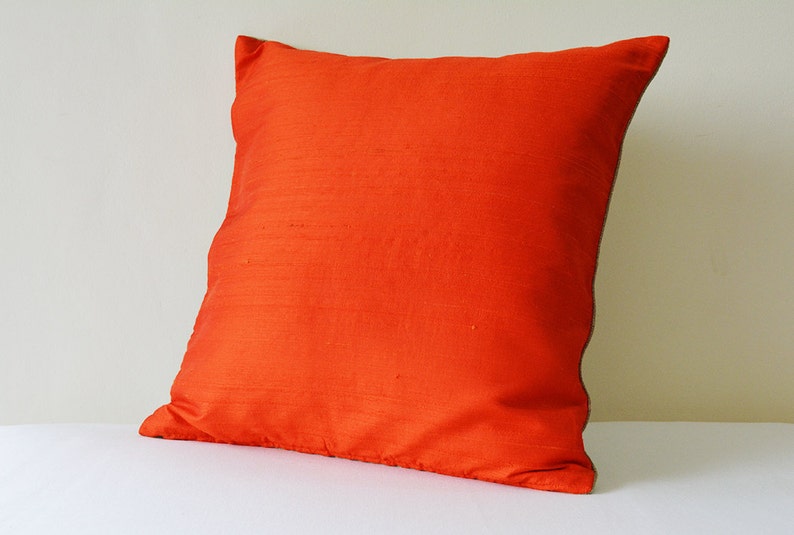 Dark Orange Dupioni Silk & Natural Linen Reversible Pillow ...