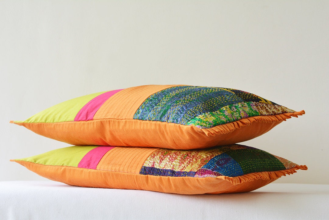 Multi Colour Patchwork Pillow Cover With Vintage Hand Stitched Kantha Panels , Decorative Pillow