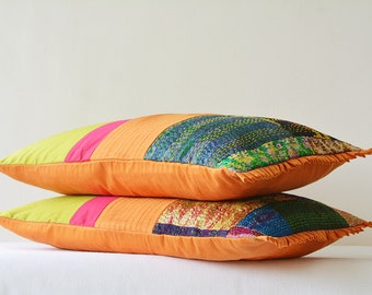 Multi Colour Patchwork Pillow Cover with Vintage Hand Stitched Kantha Panels , Decorative Pillow, Vintage Kantha Cushion Cover