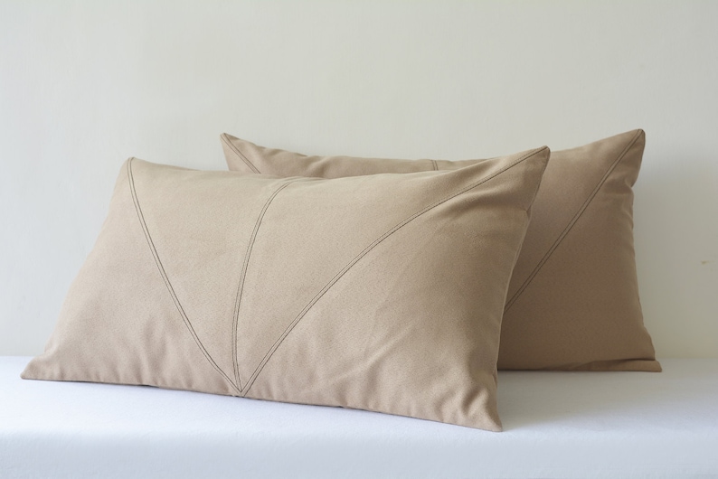 Light Brown Faux Suede Lumbar Pillow Cover With Stitch Detail Etsy