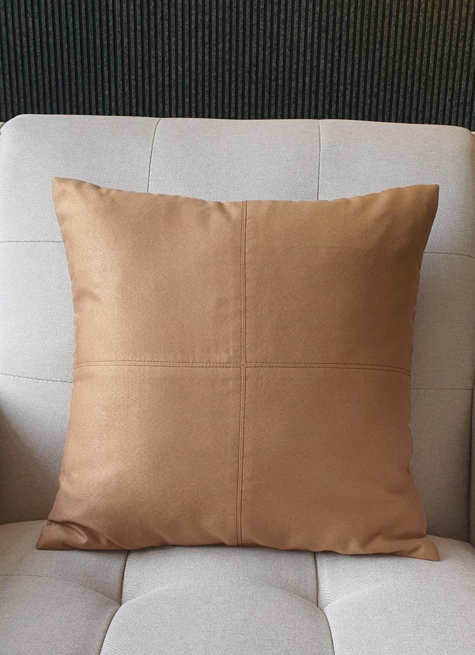 Camel Color Faux Suede Pillow Cover With Stitch Detail Etsy