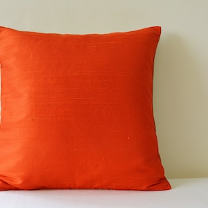Dark Orange Dupioni Silk & Natural Linen Reversible Pillow Cover, Bright Orange and Natural Linen Accent Pillow Cover , Orange Silk Cushion image 1