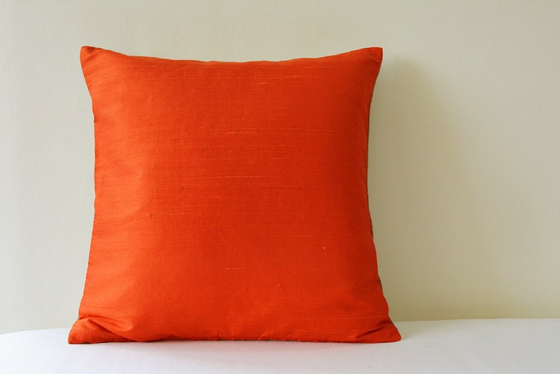 Dark Orange Dupioni Silk & Natural Linen Reversible Pillow Cover, Bright Orange and Natural Linen Accent Pillow Cover , Orange Silk Cushion image 1